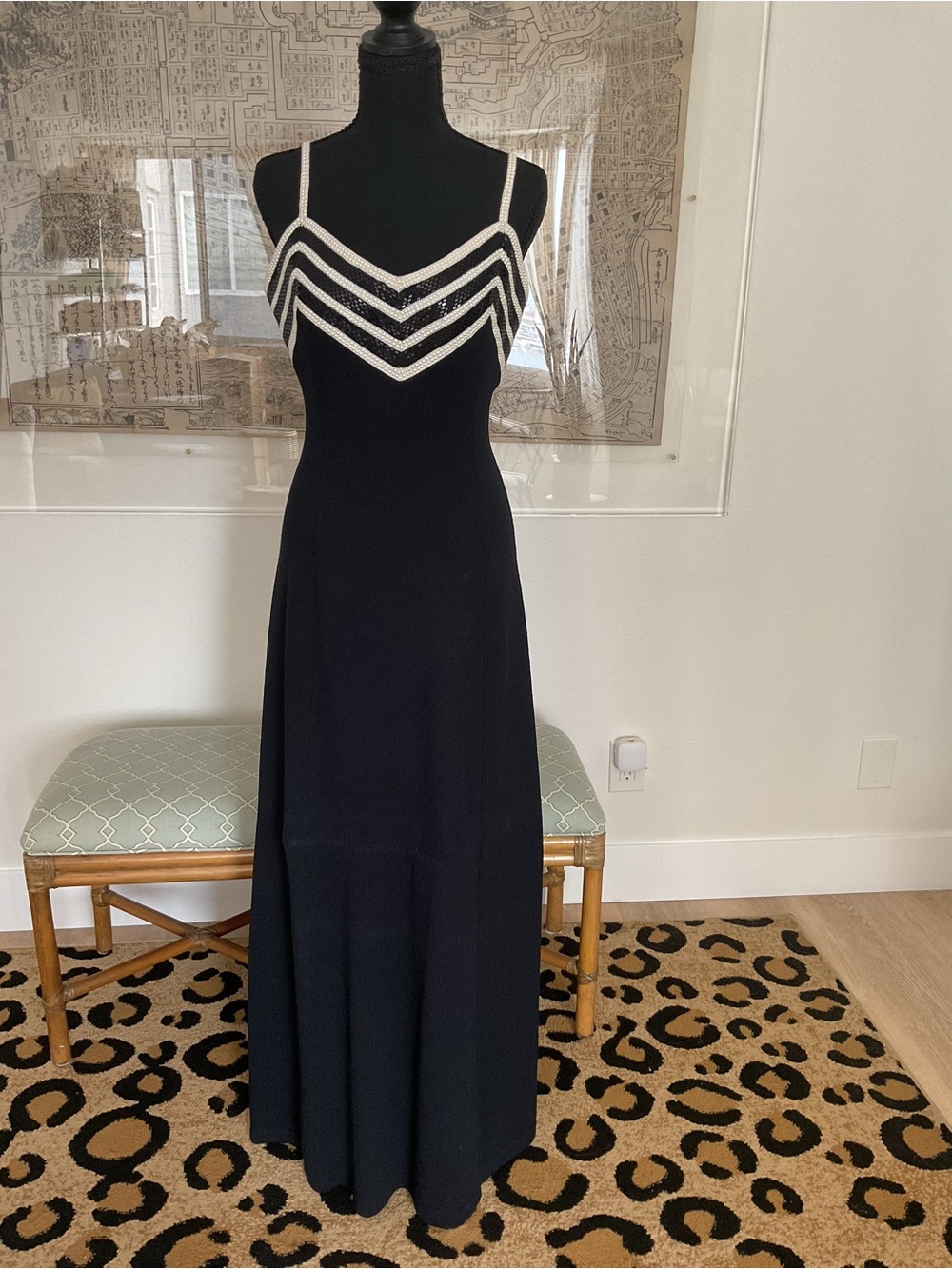 Black Sleeveless St John Black Tie Dress with White Pearl Trim